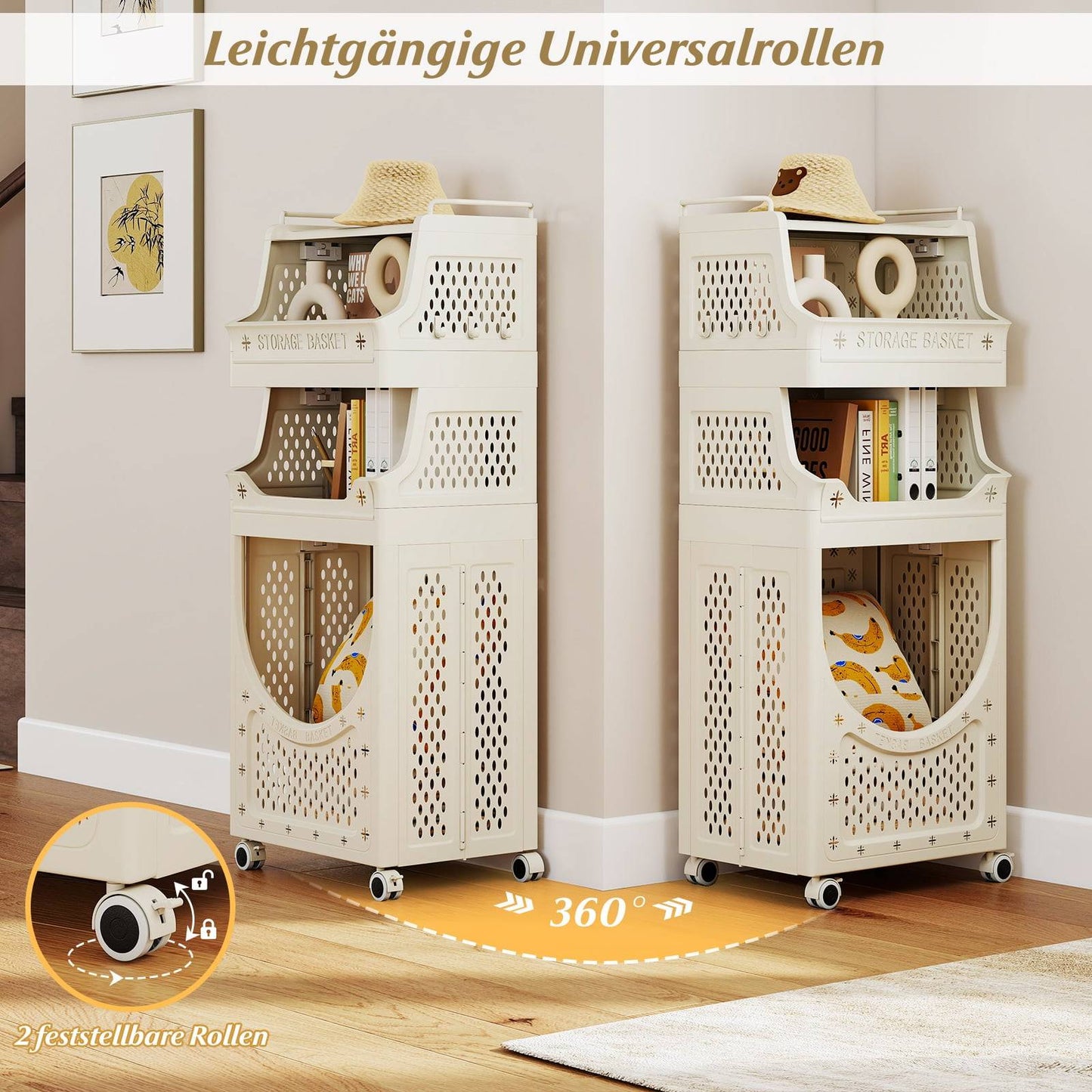 Foldable 4-Tier Laundry Cart with Locking Wheels, Beige