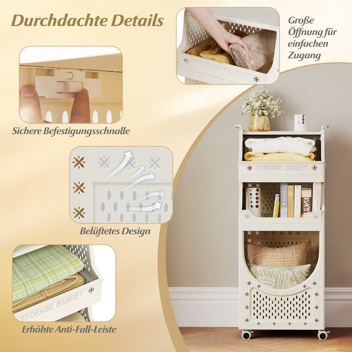 Foldable 4-Tier Laundry Cart with Locking Wheels, Beige