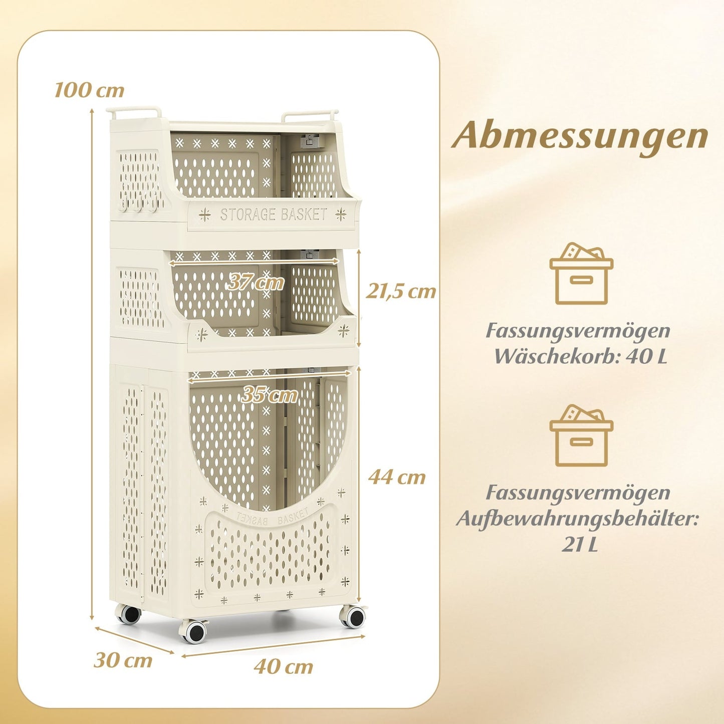 Foldable 4-Tier Laundry Cart with Locking Wheels, Beige