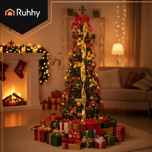 Foldable 6ft Artificial Christmas Tree with Decorations