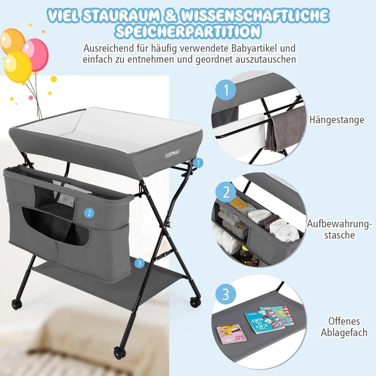 Foldable Baby Changing Table with Wheels, Adjustable Height