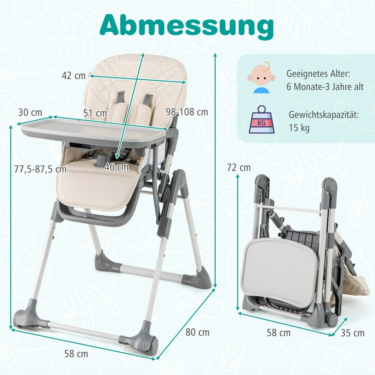 Foldable Baby High Chair with Recline & Adjustable Height