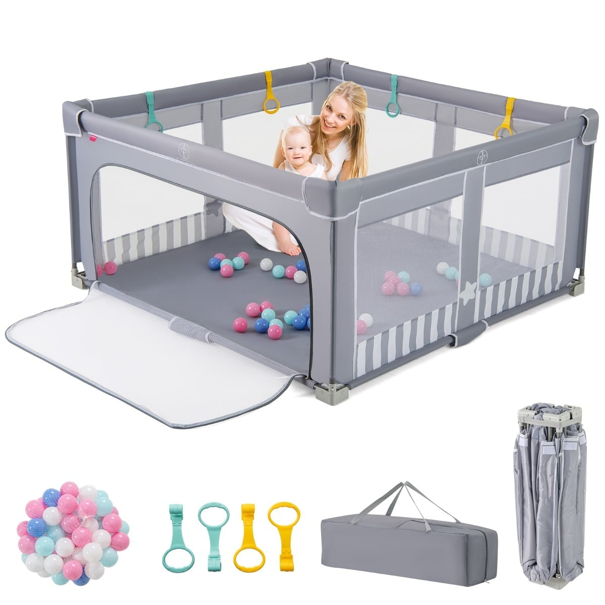 Foldable Baby Playpen with 50 Balls, 150x150 cm, Grey