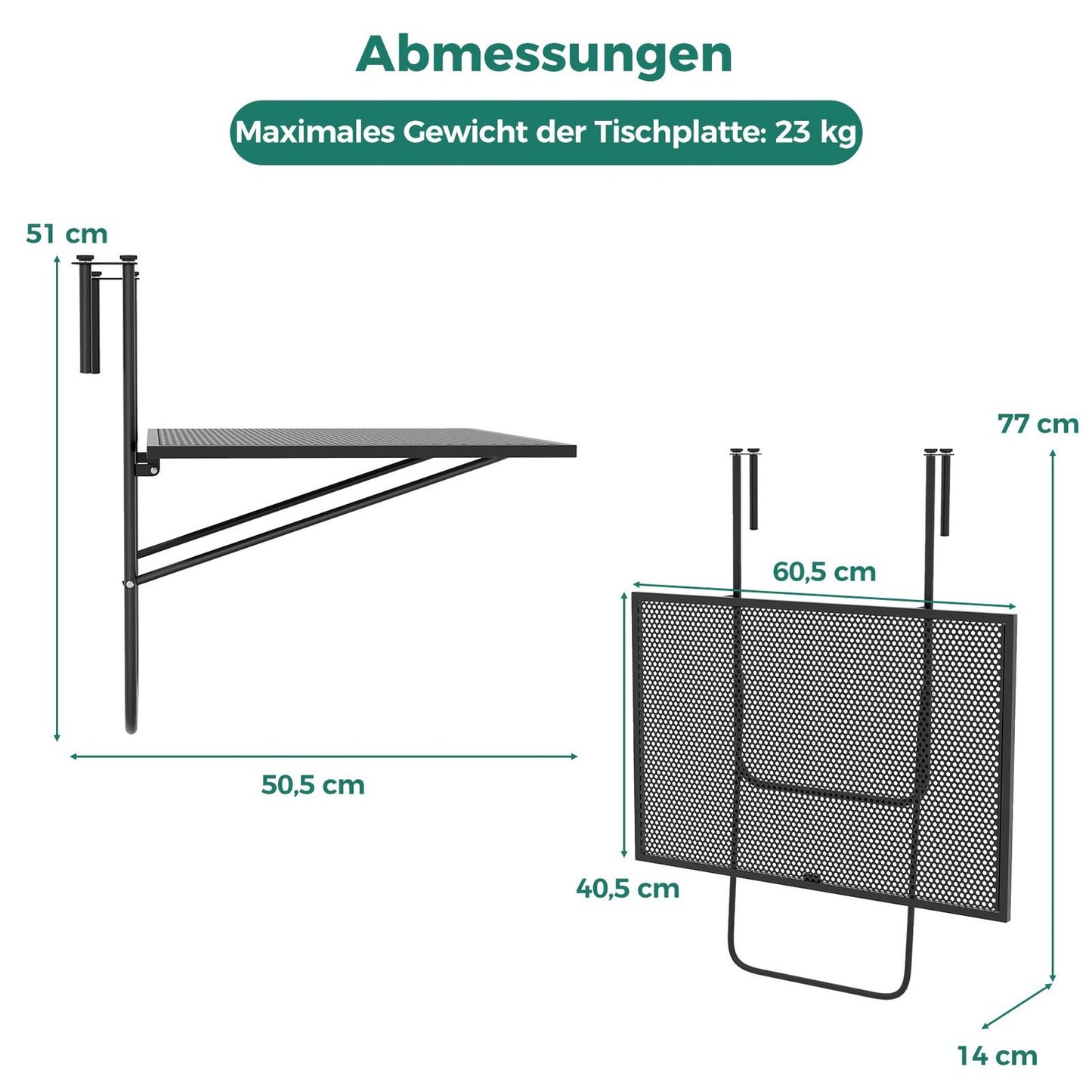 Foldable Balcony Table – Metal Hanging Table, Black