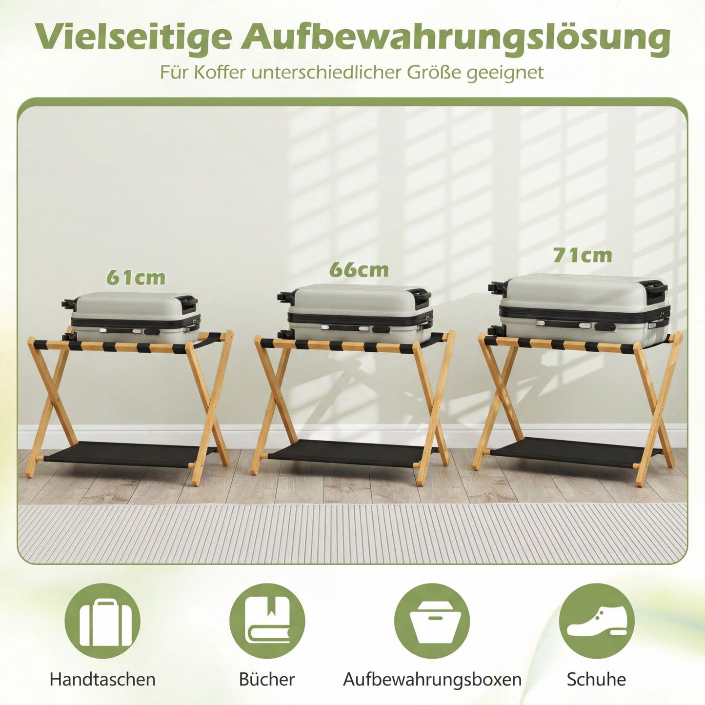 Foldable Bamboo Luggage Stand Set with Storage Shelves