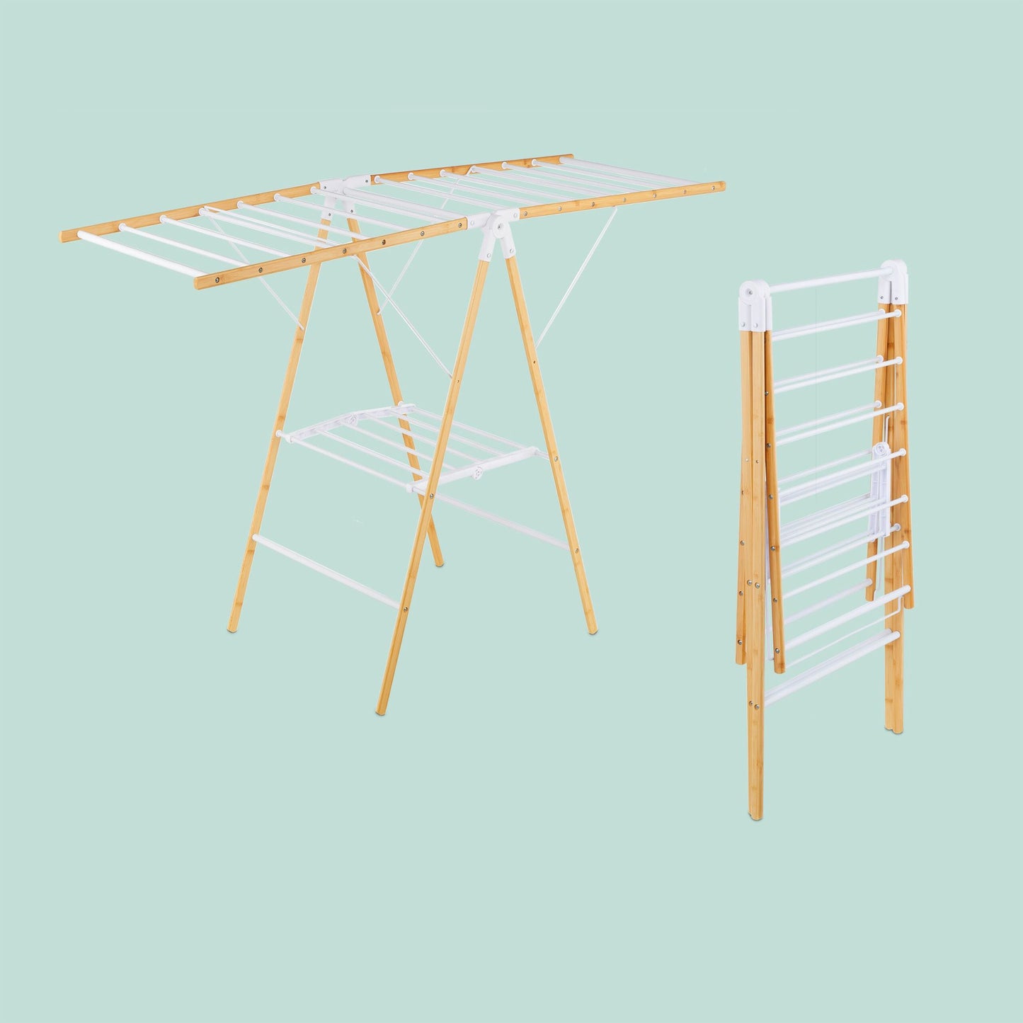 Foldable Bamboo & Metal Laundry Rack with Wings