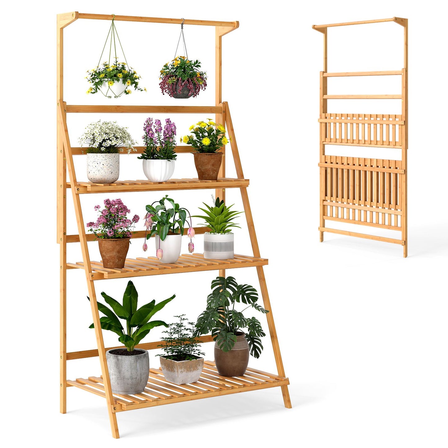 Foldable Bamboo Plant Stand with Adjustable Shelves, 71x40x120 cm