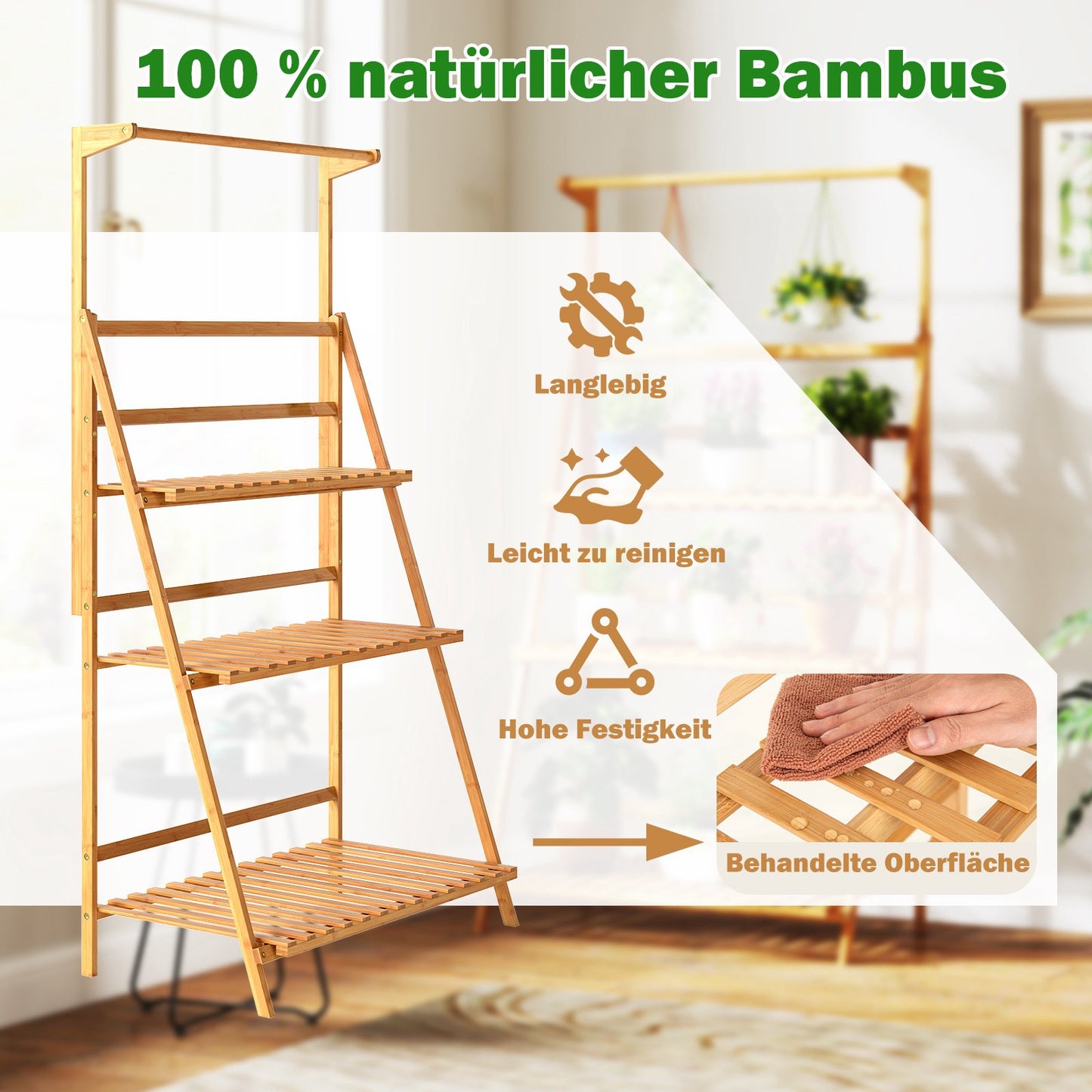 Foldable Bamboo Plant Stand with Adjustable Shelves, 71x40x120 cm