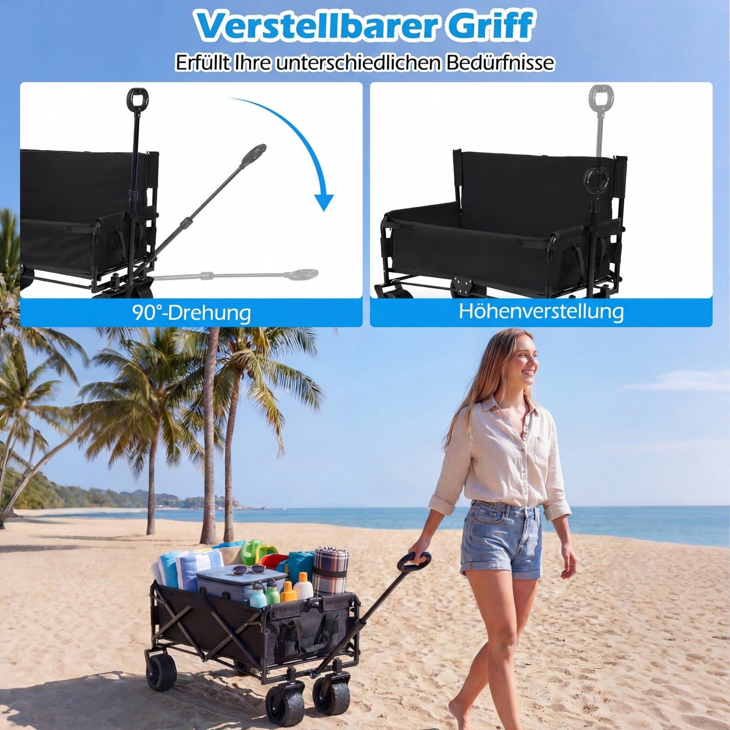 Foldable Beach Wagon with Seat, Adjustable Handle, Black
