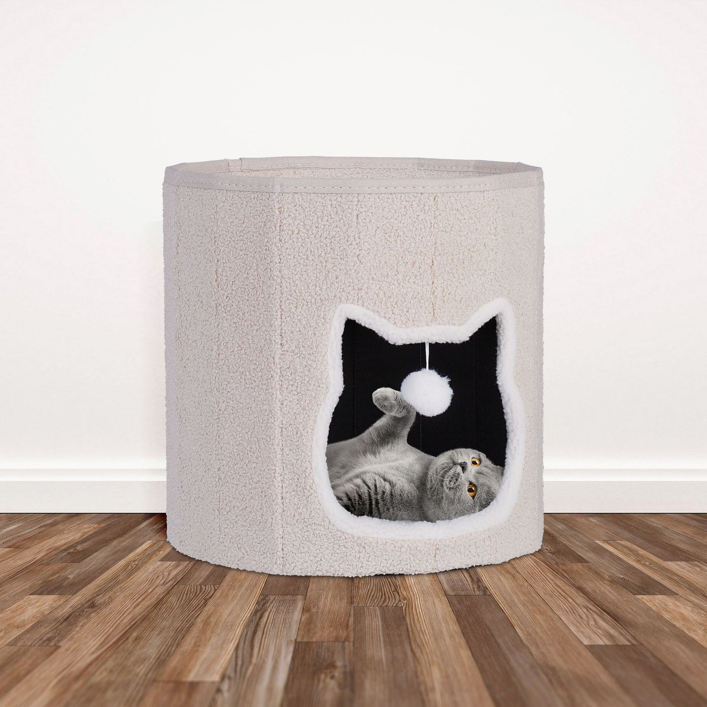 Foldable Beige Cat Cave with Cushion and Toy