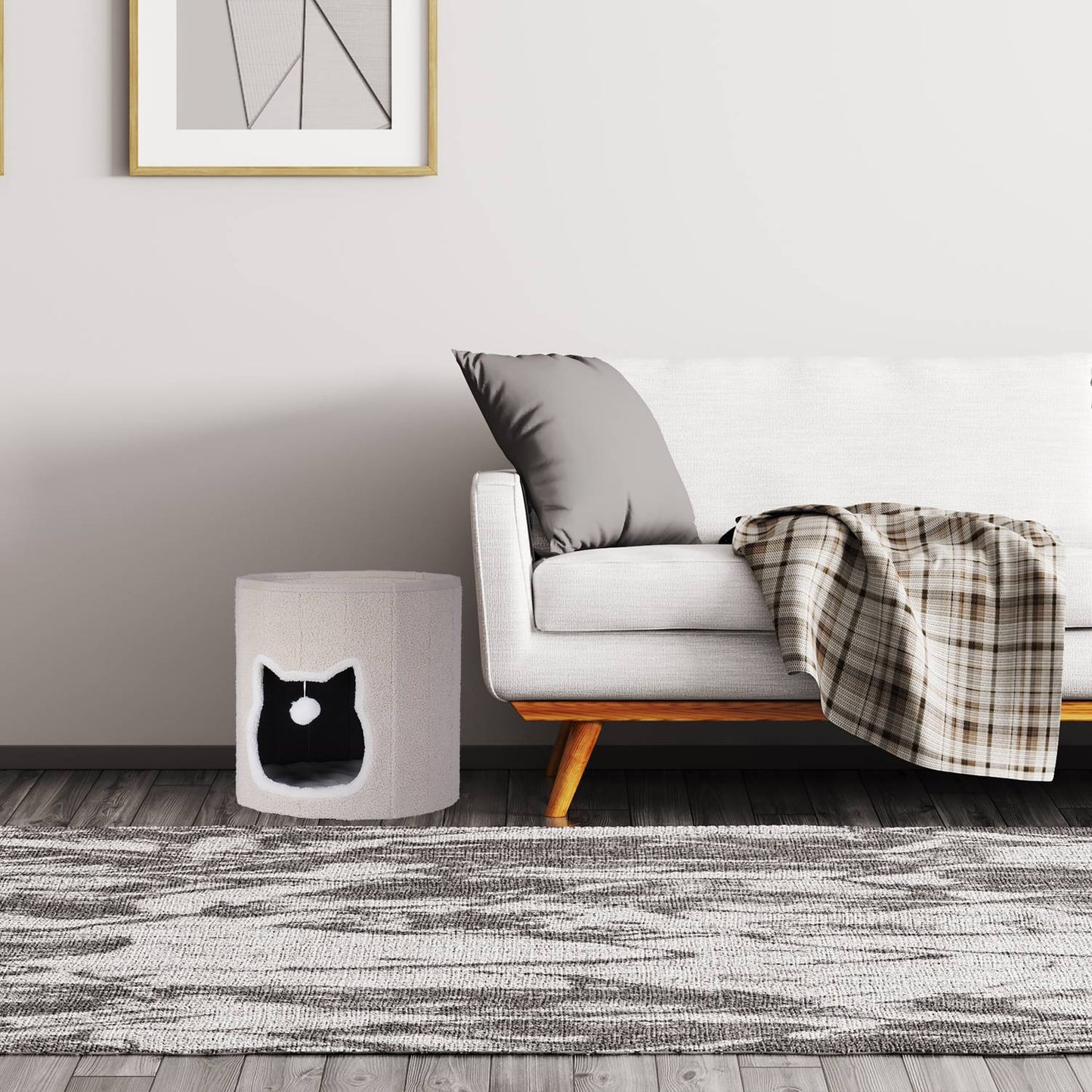 Foldable Beige Cat Cave with Cushion and Toy