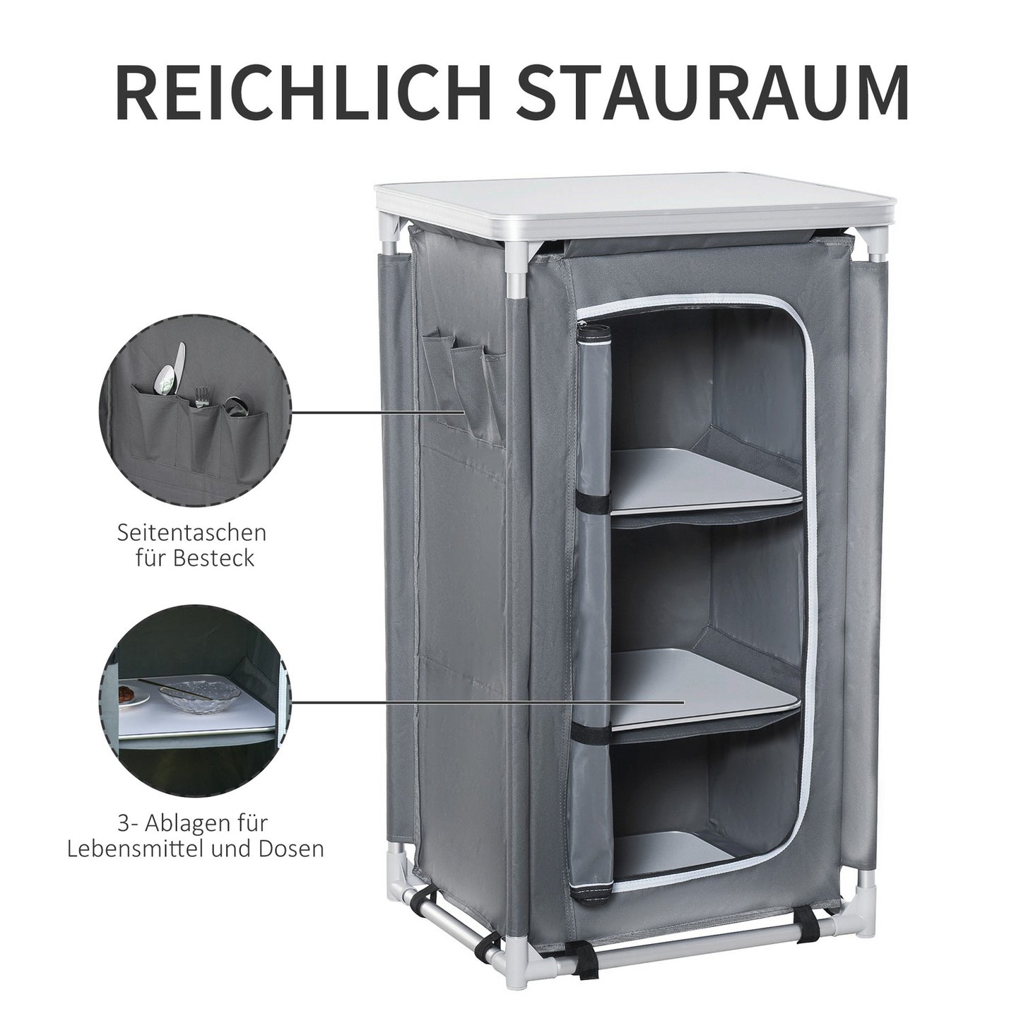 Folding camping kitchen cabinet with worktop & 3 shelves