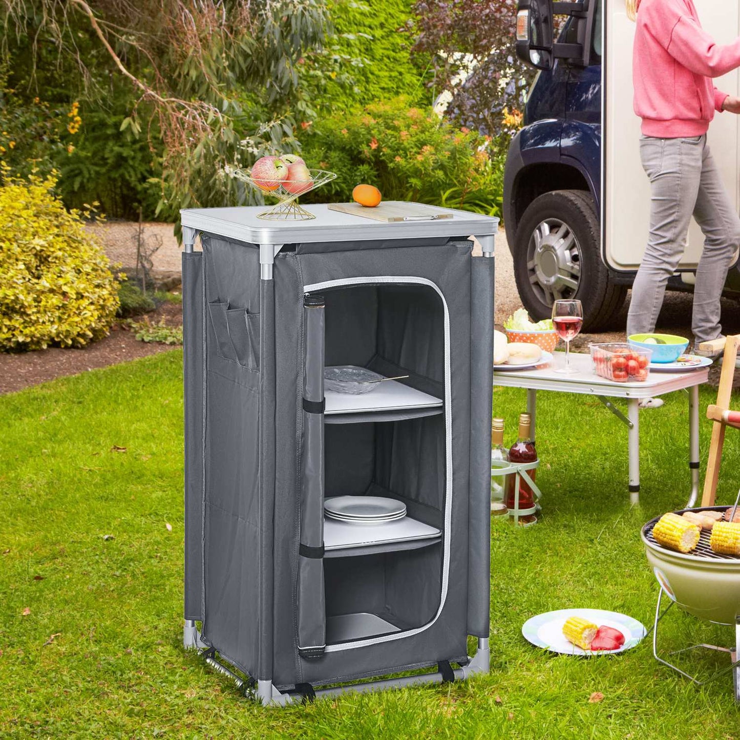 Folding camping kitchen cabinet with worktop & 3 shelves