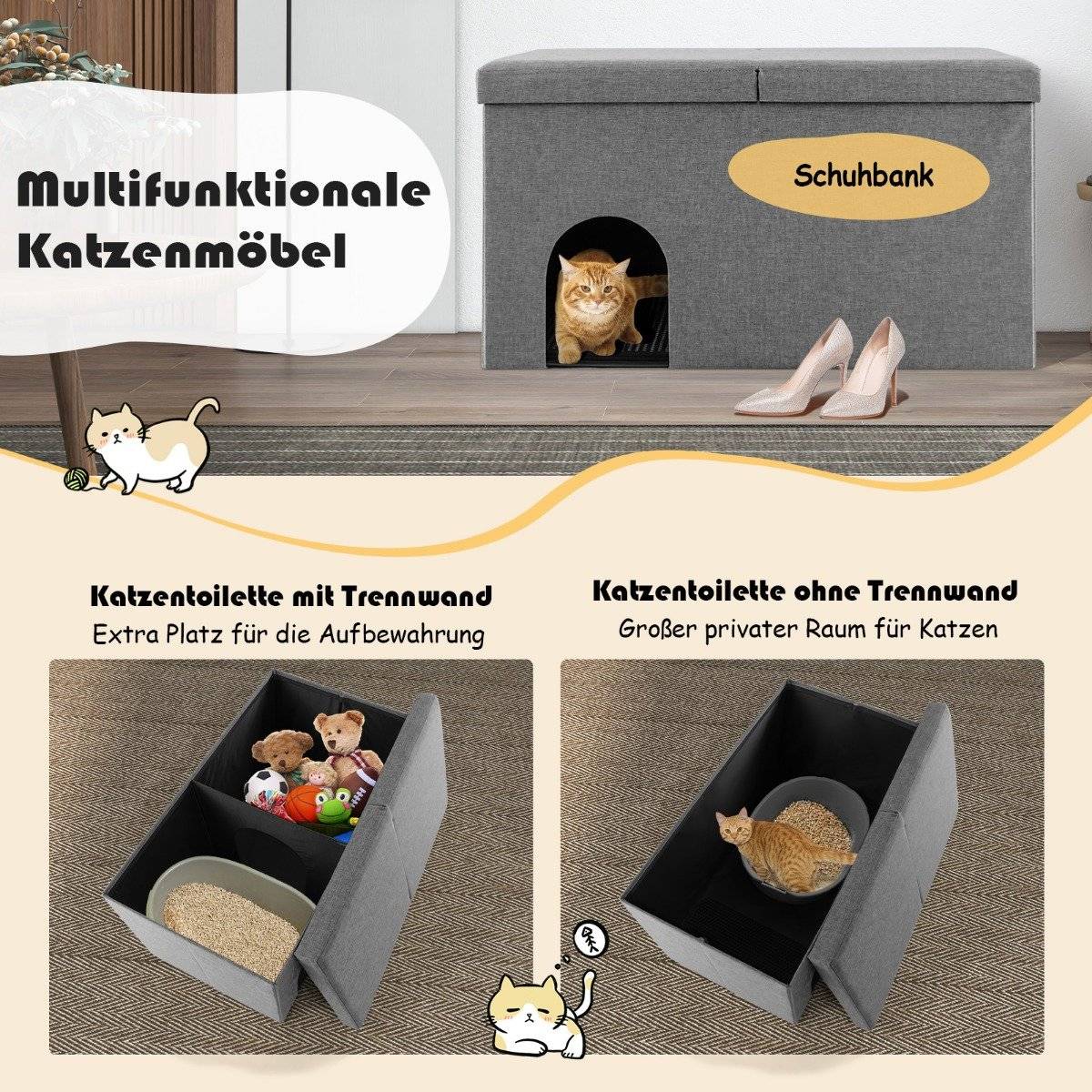 Foldable Cat House & Bench with Litter Box, 90x50x50 cm, Grey