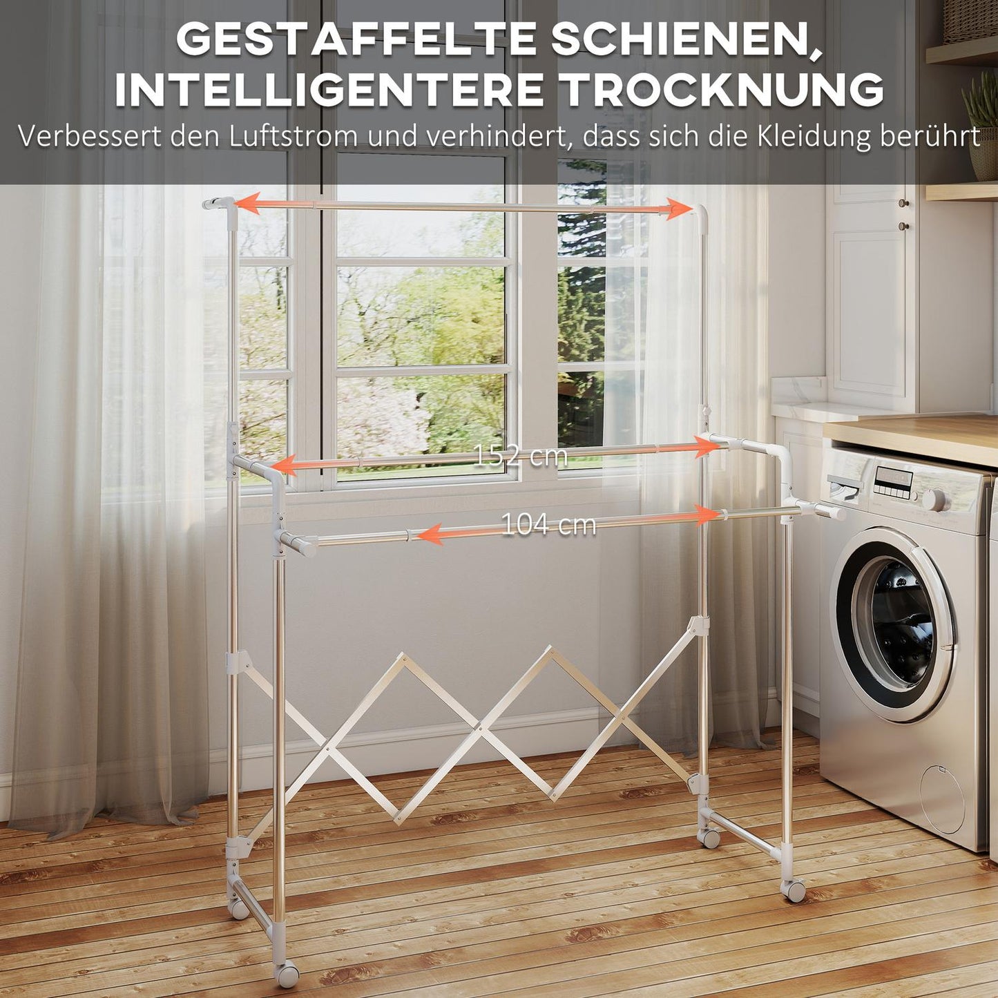 Foldable Clothes Drying Rack, 3 Adjustable Bars, Stainless Steel