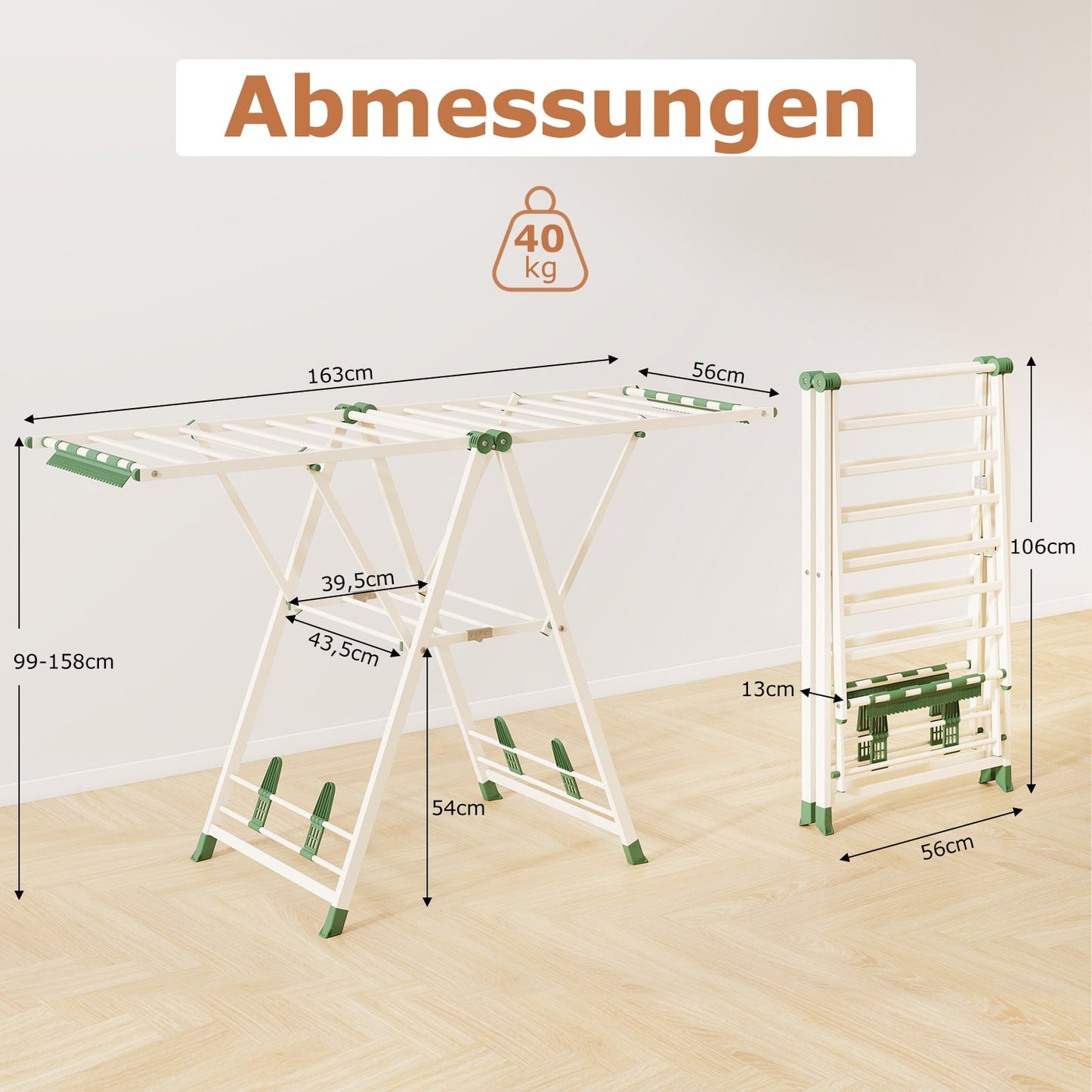 Foldable Clothes Drying Rack with Adjustable Wings, Beige