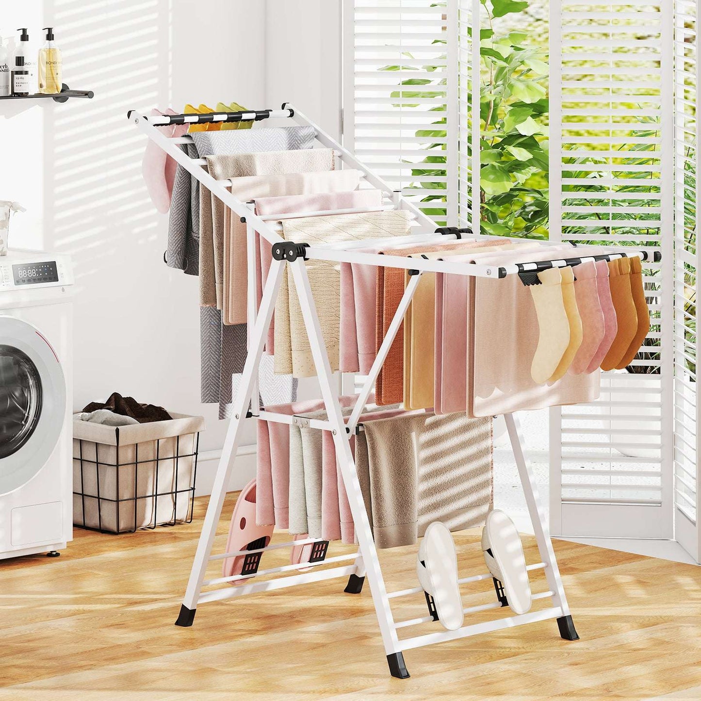 Foldable Clothes Drying Rack with Adjustable Wings, White