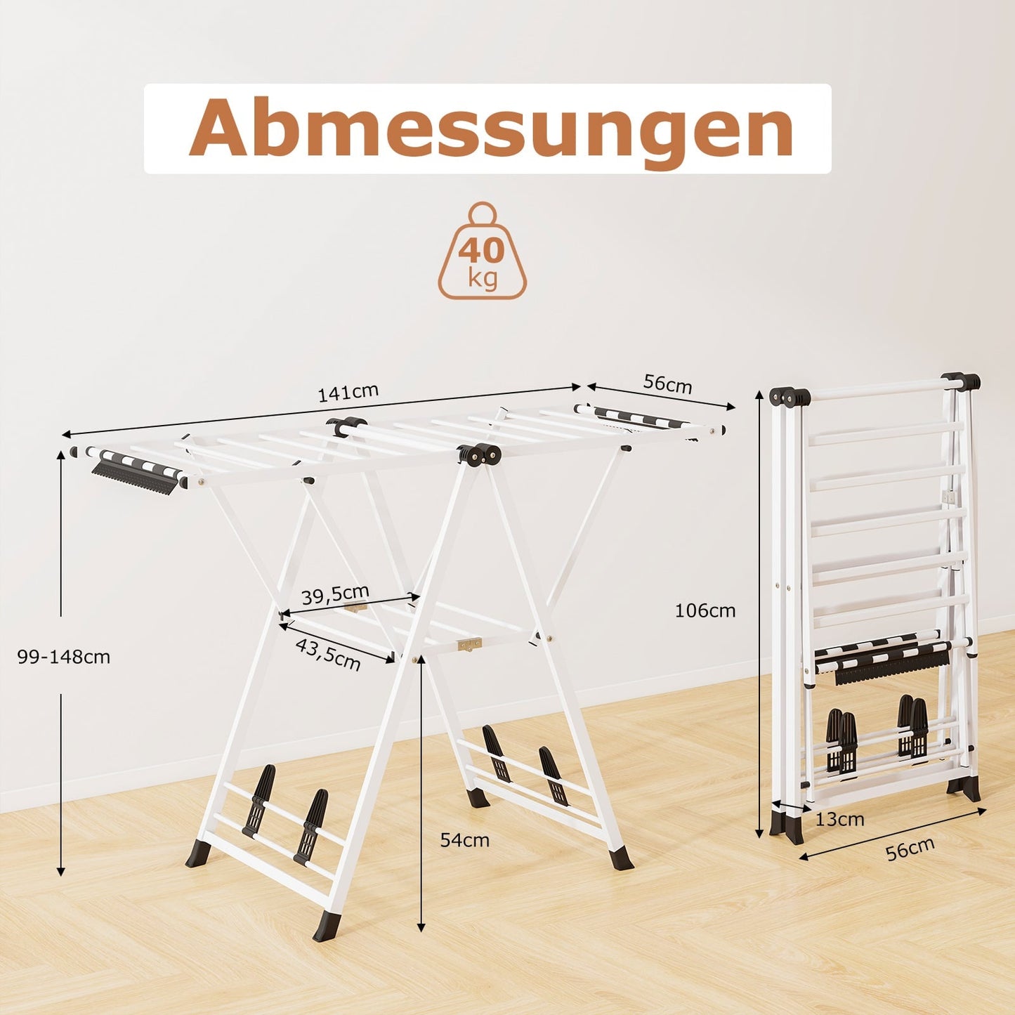 Foldable Clothes Drying Rack with Adjustable Wings, White