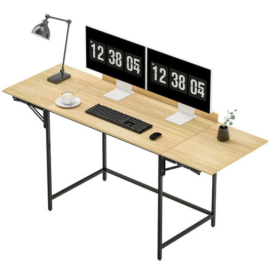Foldable Computer Desk with 2 Extendable Panels, Oak/Black