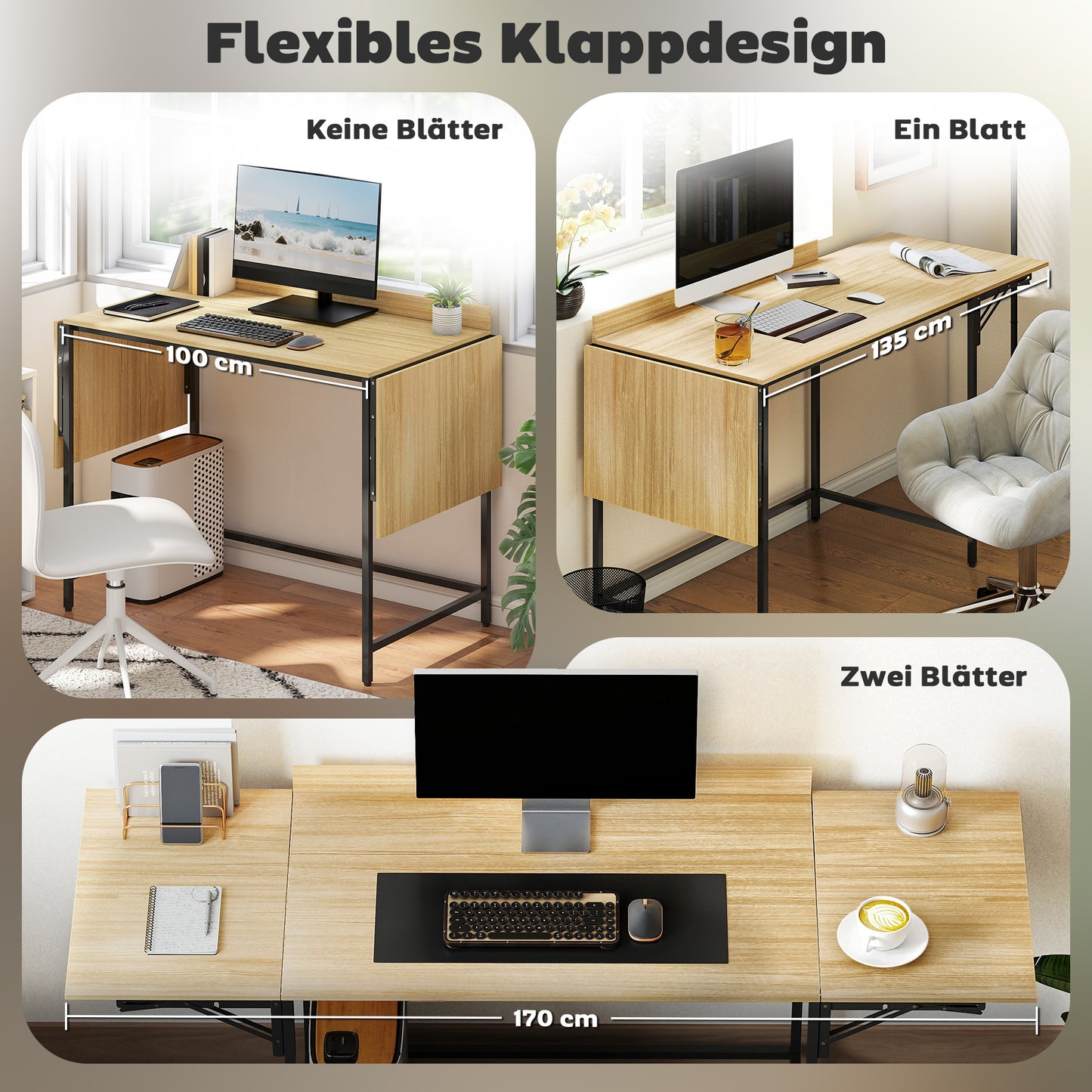 Foldable Computer Desk with 2 Extendable Panels, Oak/Black
