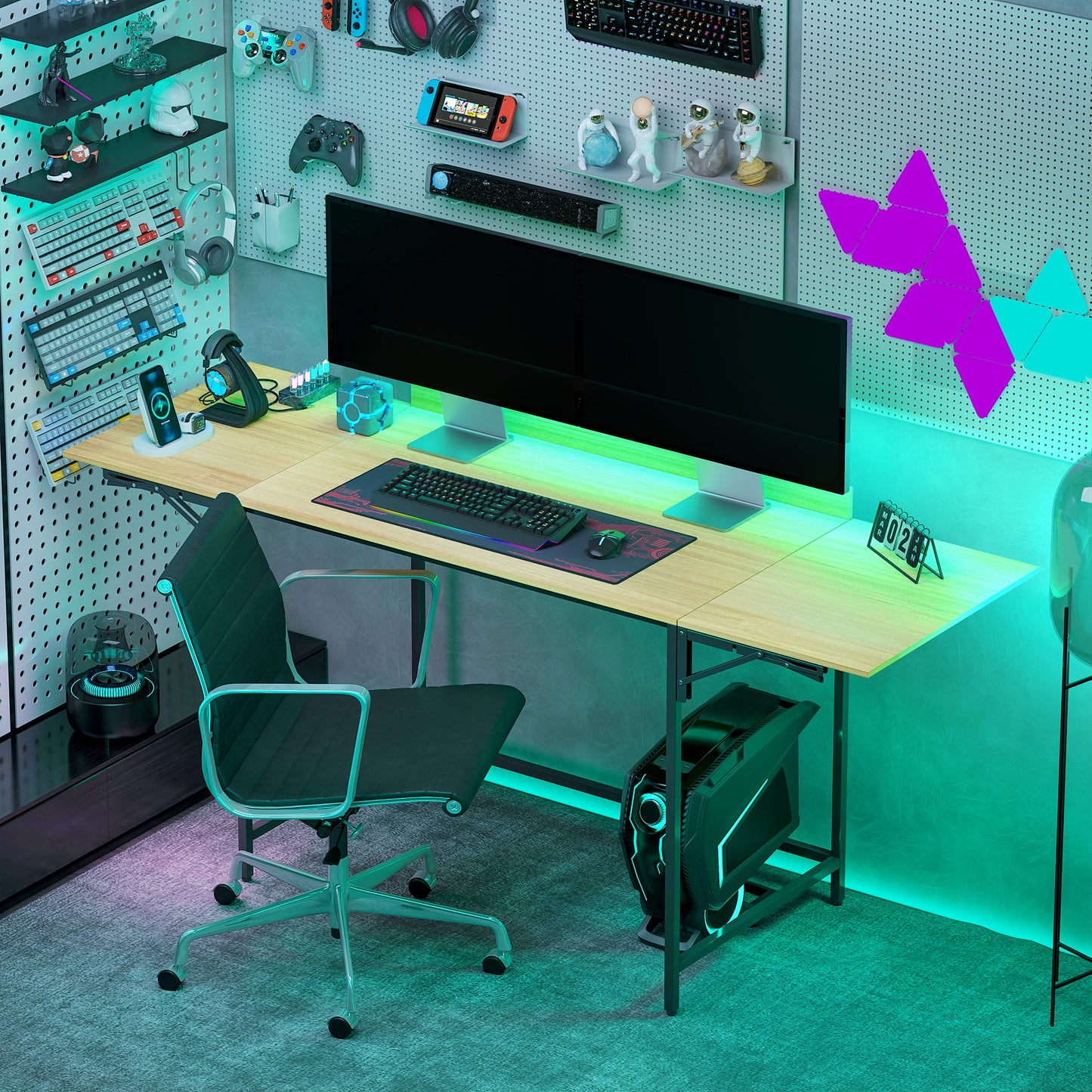 Foldable Computer Desk with 2 Extendable Panels, Oak/Black