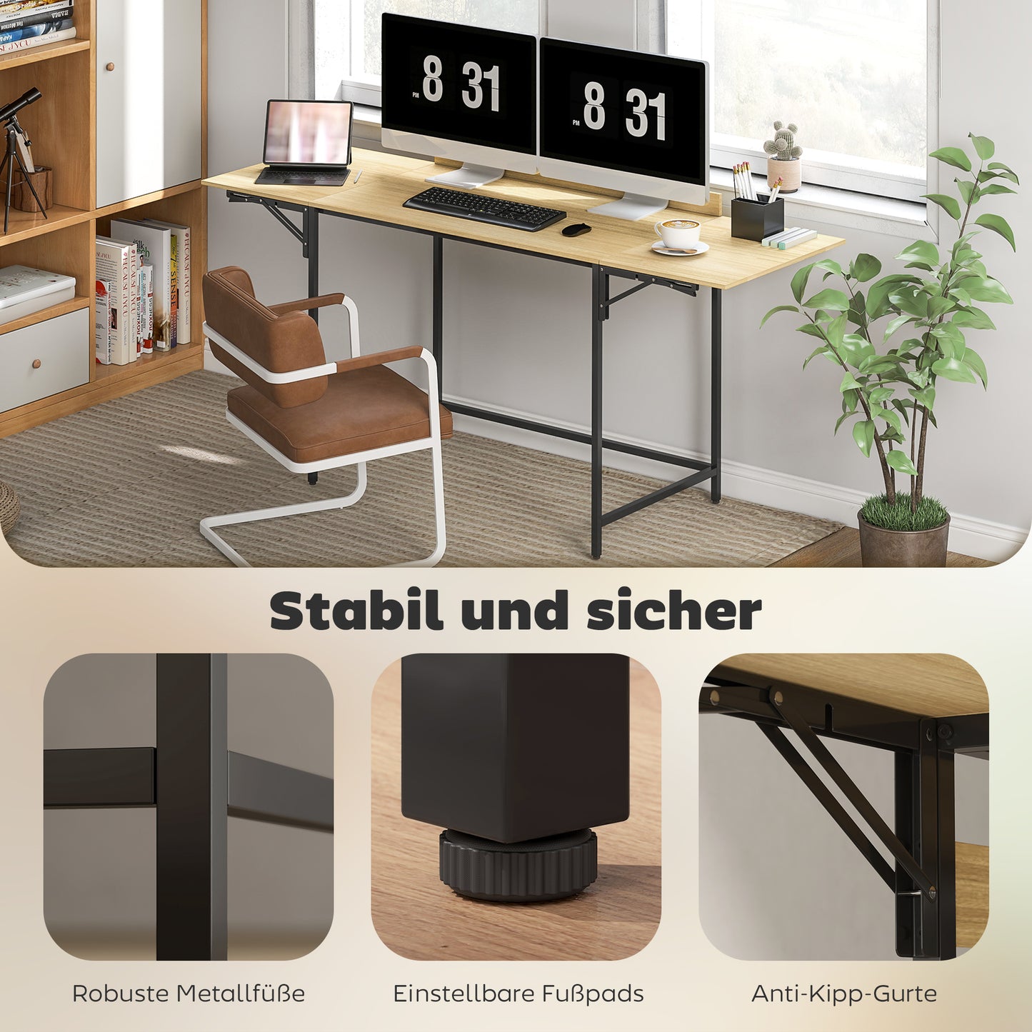 Foldable Computer Desk with 2 Extendable Panels, Oak/Black