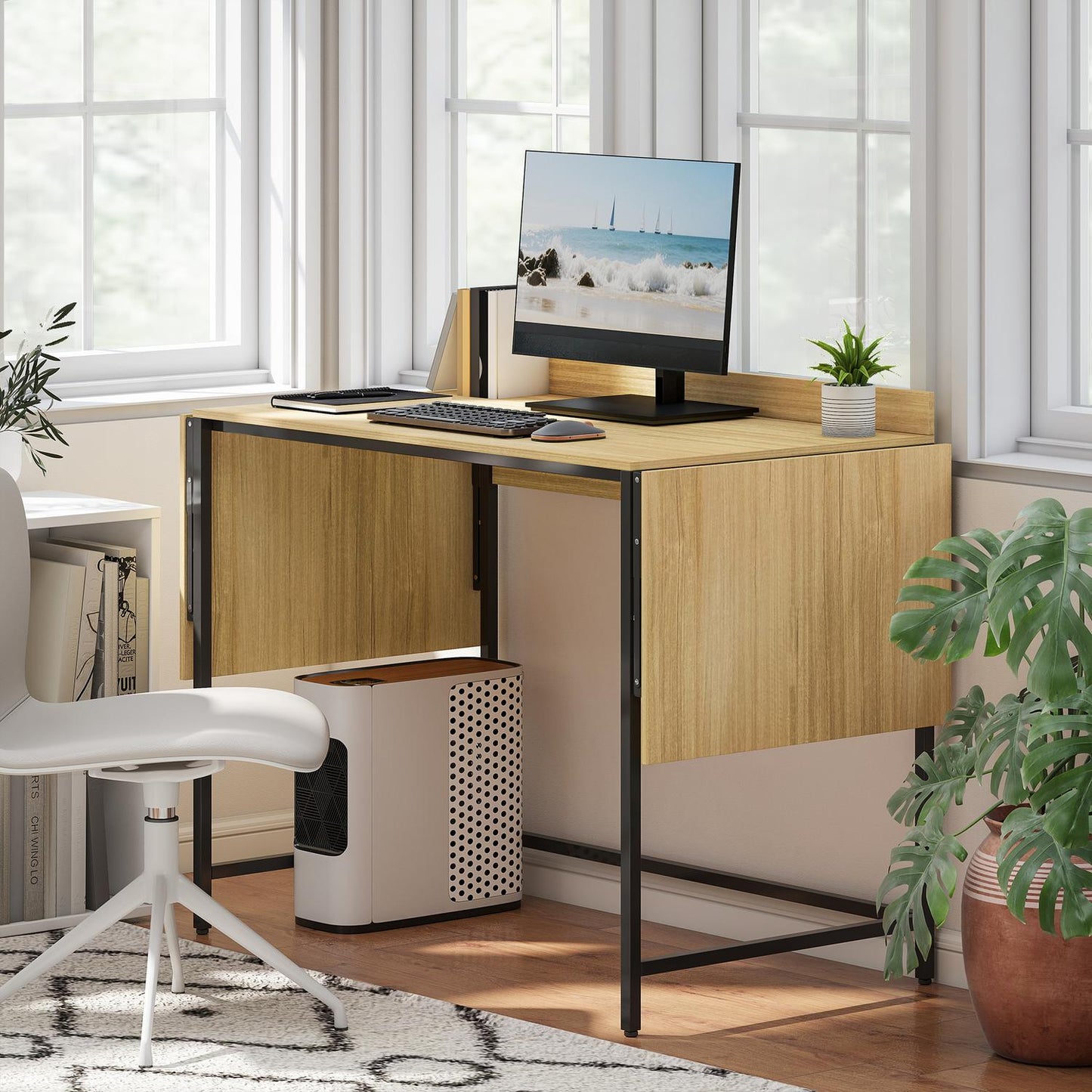 Foldable Computer Desk with 2 Extendable Panels, Oak/Black