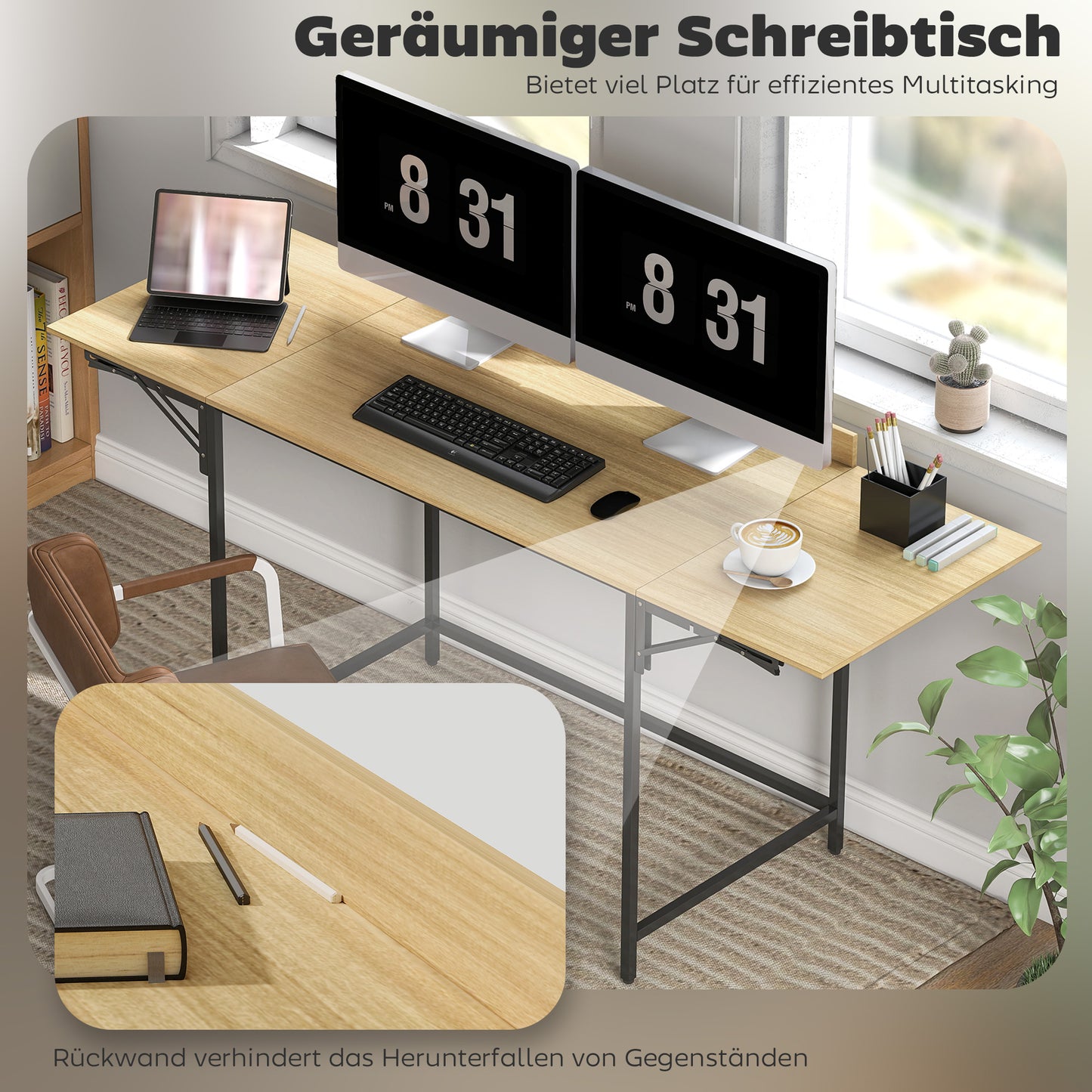 Foldable Computer Desk with 2 Extendable Panels, Oak/Black
