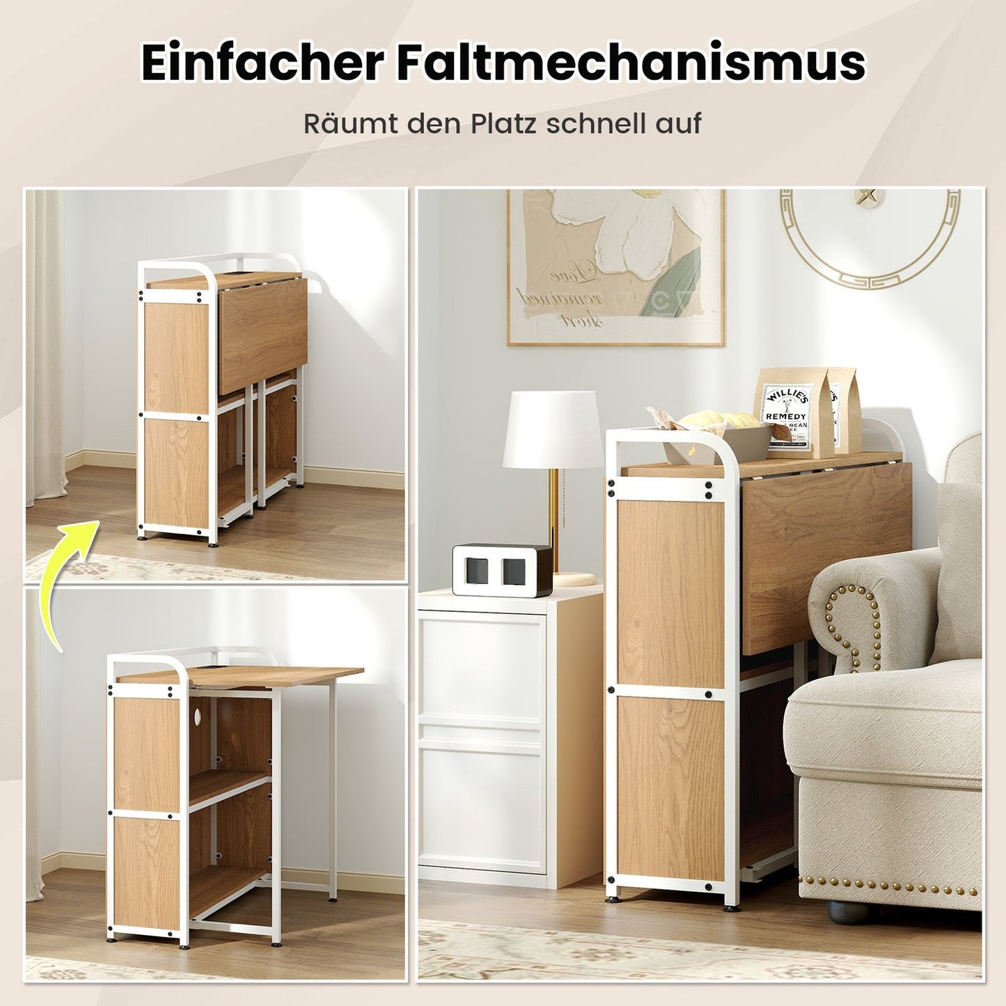Foldable Desk with Power Outlet, Stool & Shelves, 90x55x83 cm