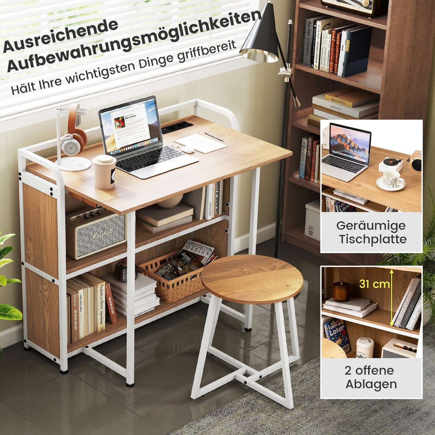 Foldable Desk with Power Outlet, Stool & Shelves, 90x55x83 cm