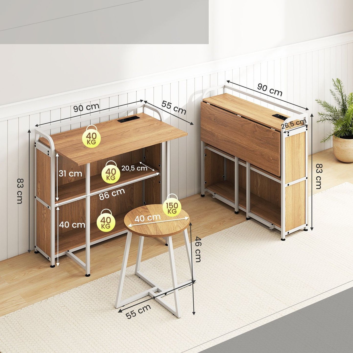 Foldable Desk with Power Outlet, Stool & Shelves, 90x55x83 cm