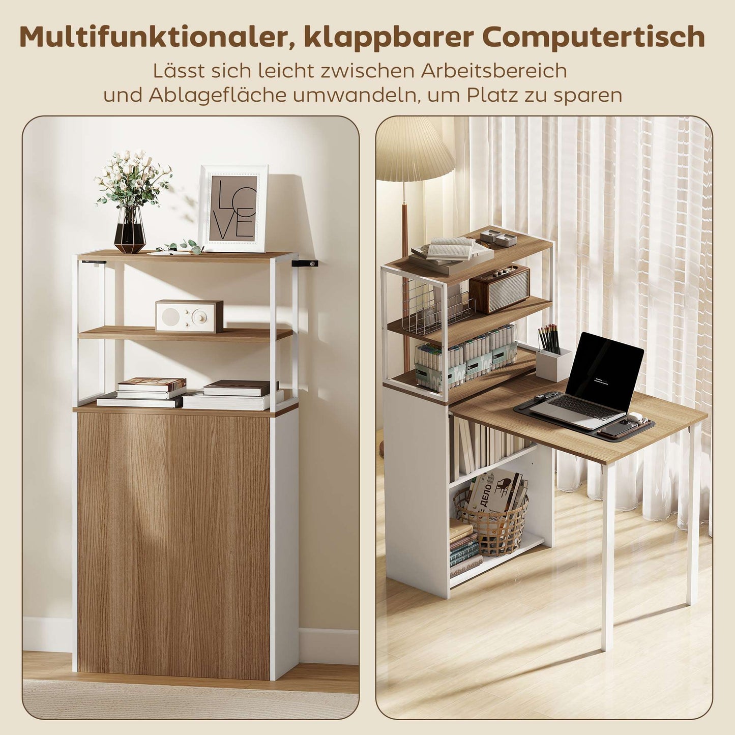 Foldable Desk with Shelves, 105x60x127 cm, Natural Wood