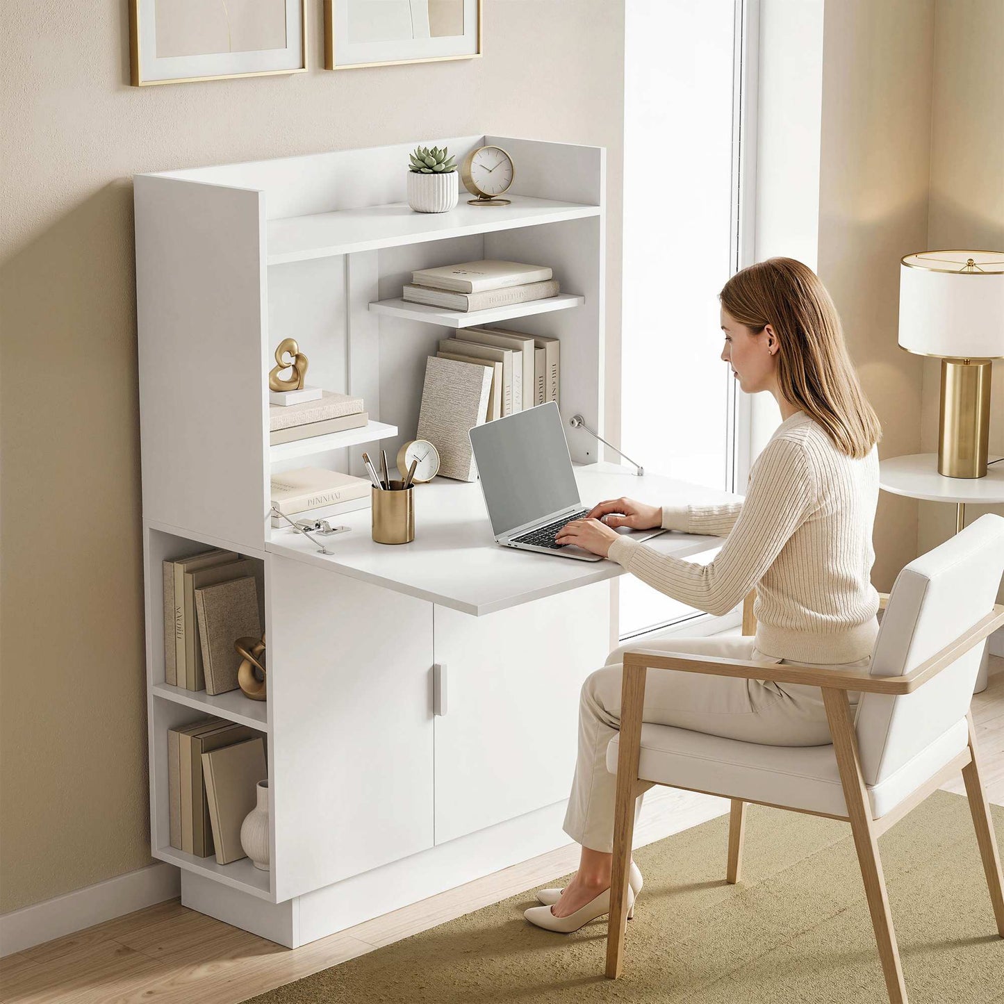 Foldable Desk with Shelves and Cabinet, 128 cm, White