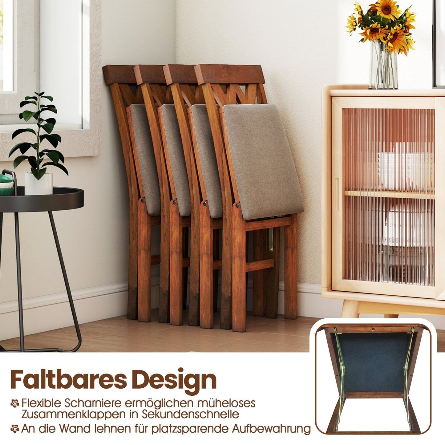 Foldable Dining Chairs Set, Padded Seat, Brown, 2-Pack