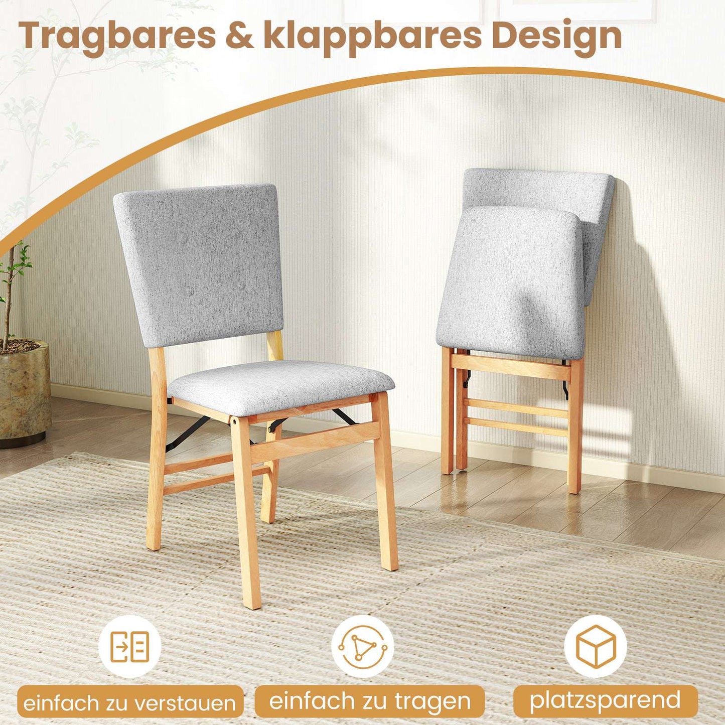 Foldable Dining Chairs Set of 2, Padded Seat, Grey