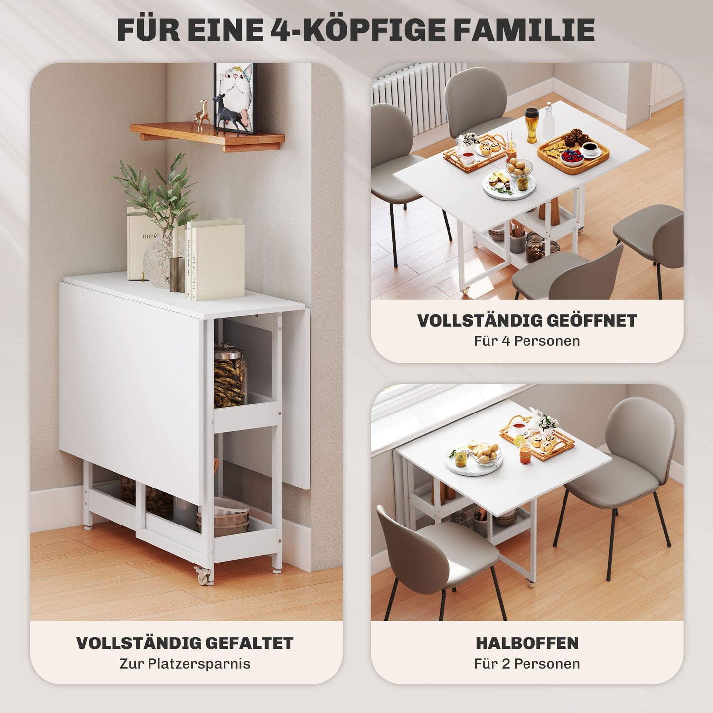 Foldable Dining Table, Industrial Design, Seats 4, White