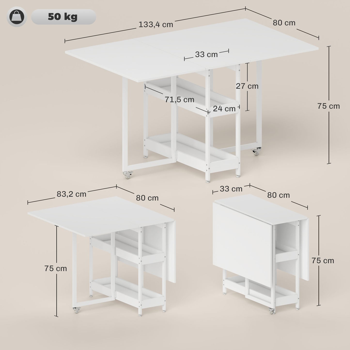 Foldable Dining Table, Industrial Design, Seats 4, White