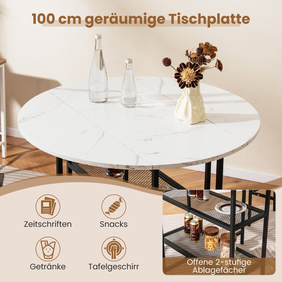 Foldable Dining Table, Marble Look, Seats 2-4, Mobile