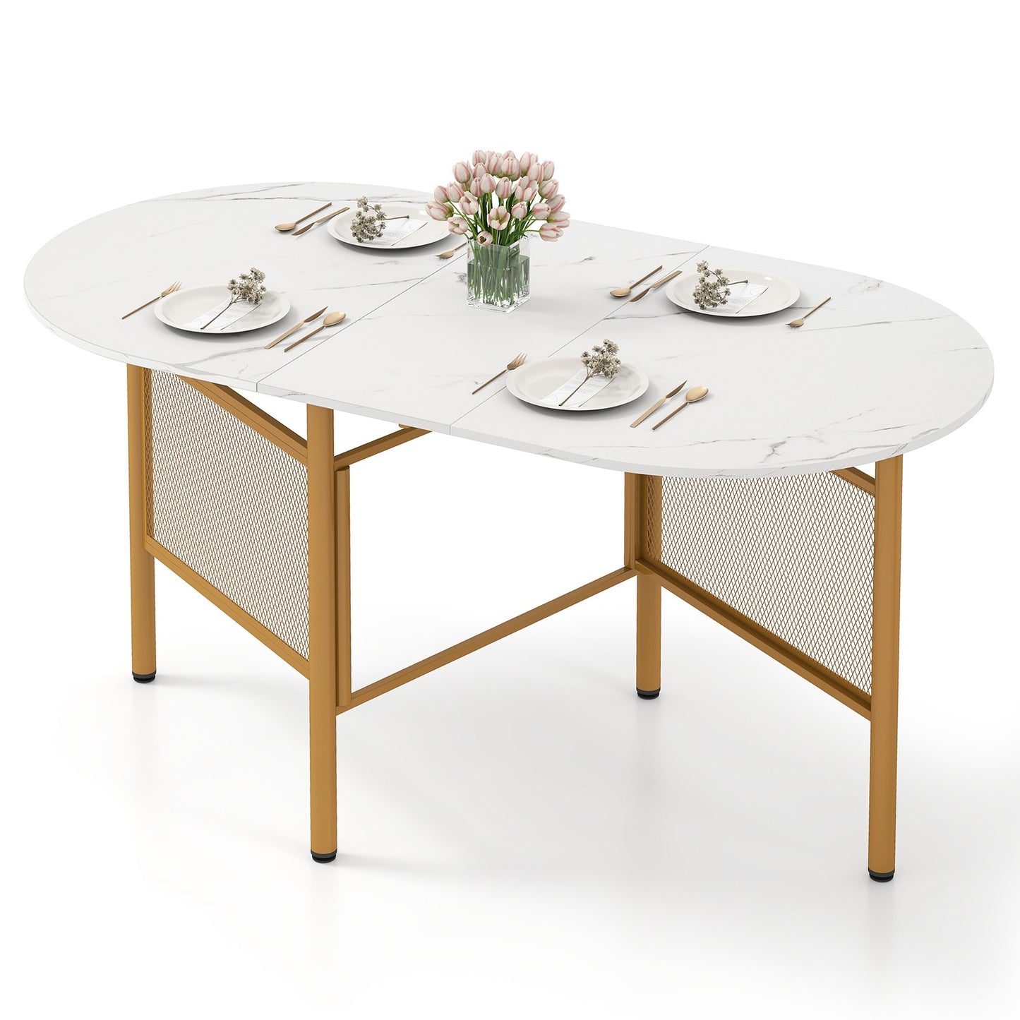 Foldable Dining Table for 6-8, Space-Saving, White/Gold