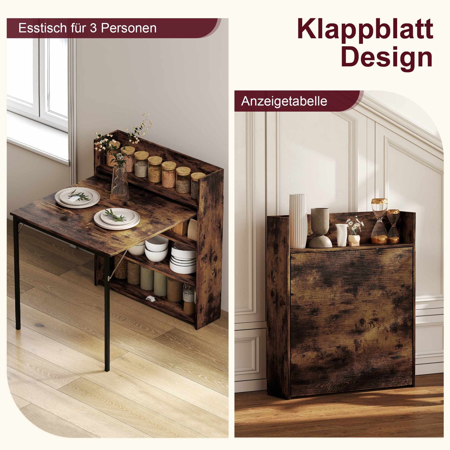 Foldable Dining Table with Shelf, Industrial Style, Space-Saving, 80x90x93 cm