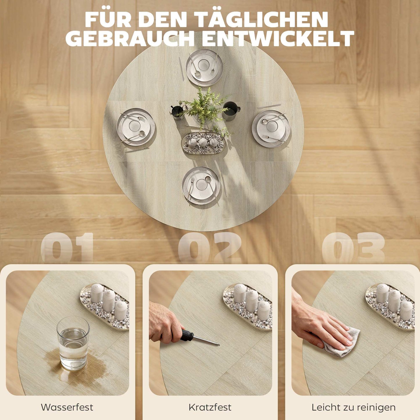 Foldable Dining Table with Wheels, Natural Wood, Space-Saving