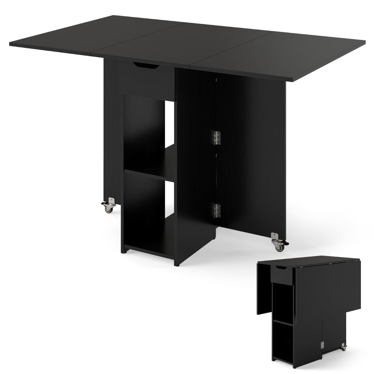 Foldable Dining Table with Wheels, Shelves & Drawer