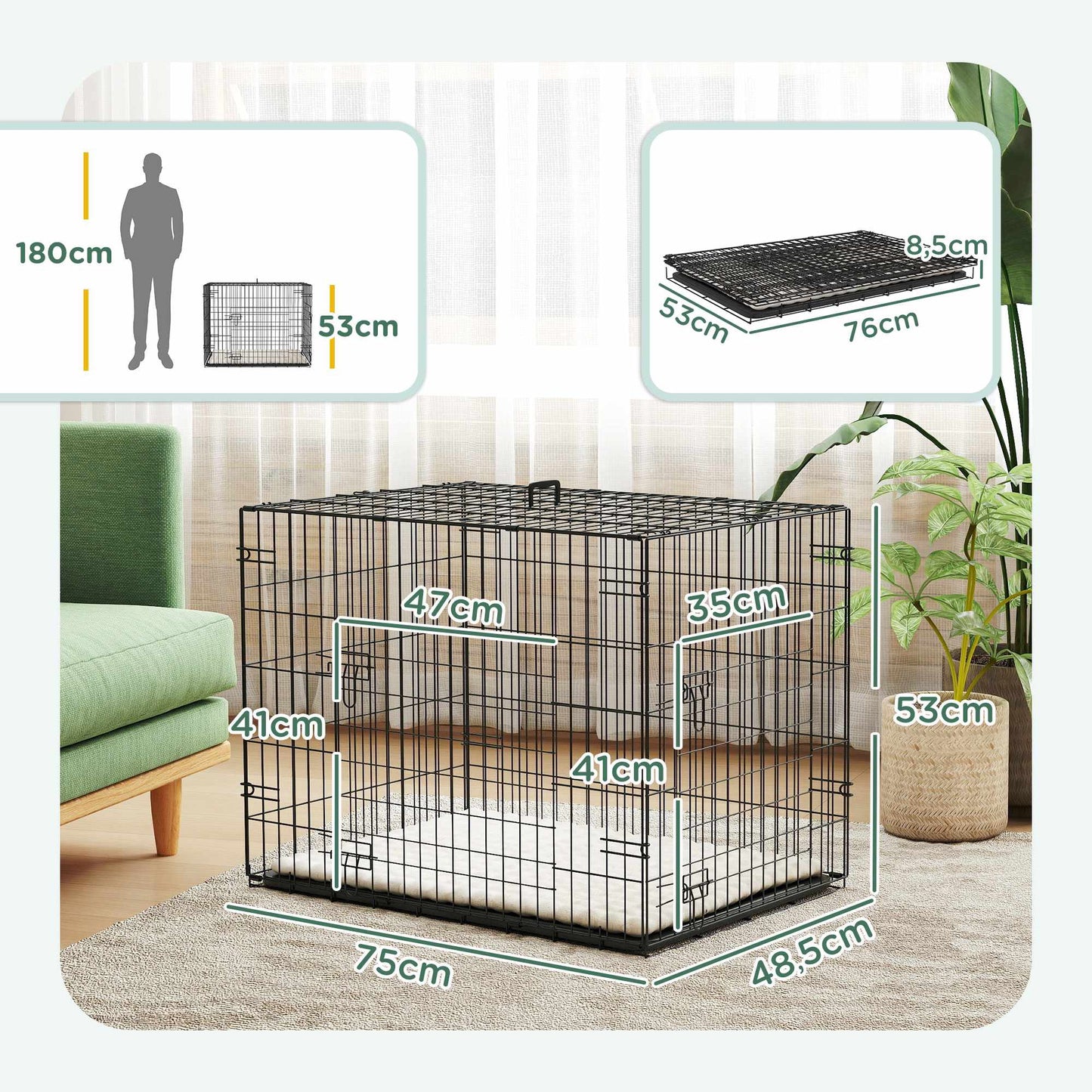 Foldable Dog Crate with 2 Doors, Tray, Cushion, Black