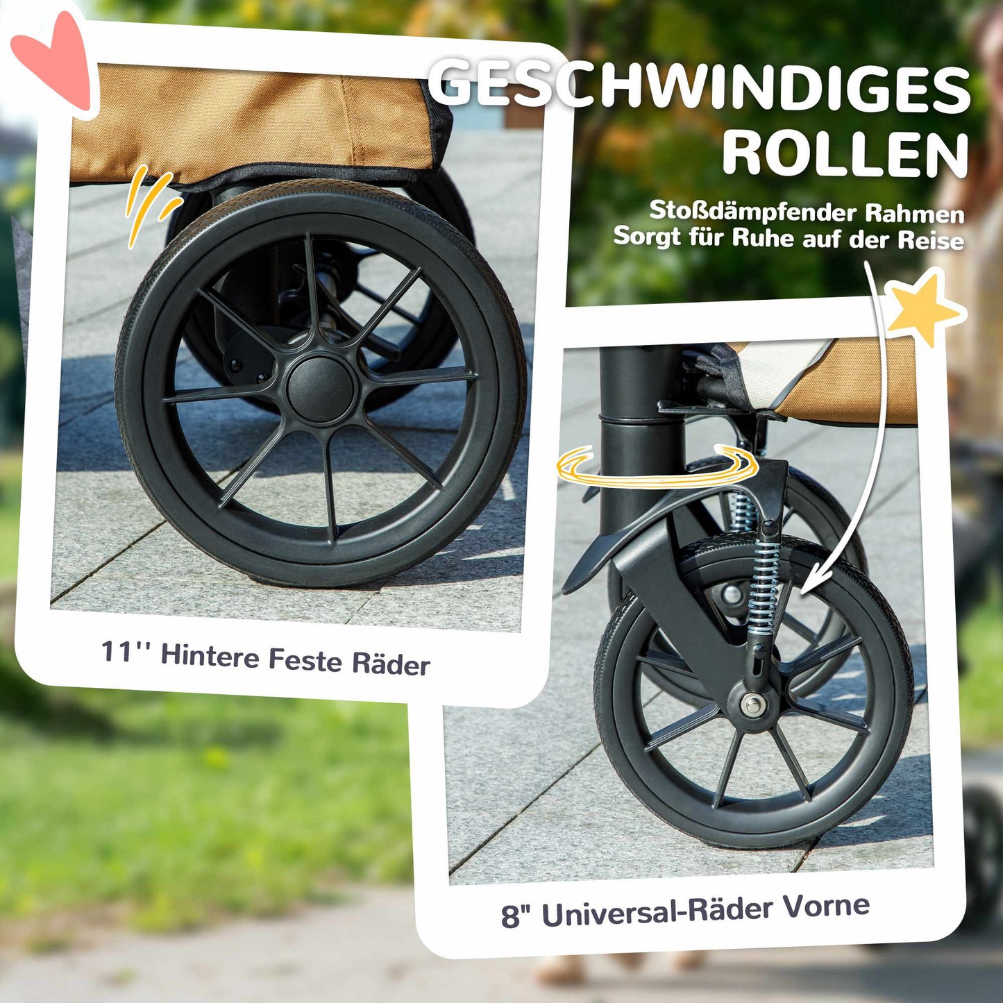 Foldable Dog Stroller for Large Dogs, 4 Wheels, Safety Leash, Brown
