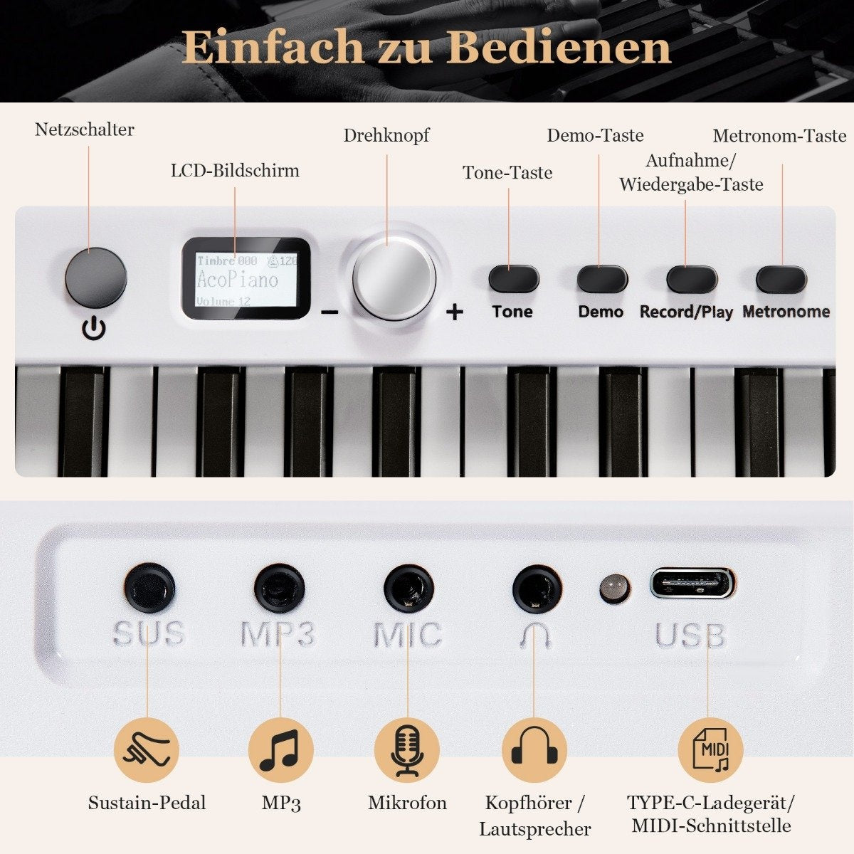 Foldable E-Keyboard Foldable with 88 Illuminated Keys Digital Keyboard Digital Keyboard White