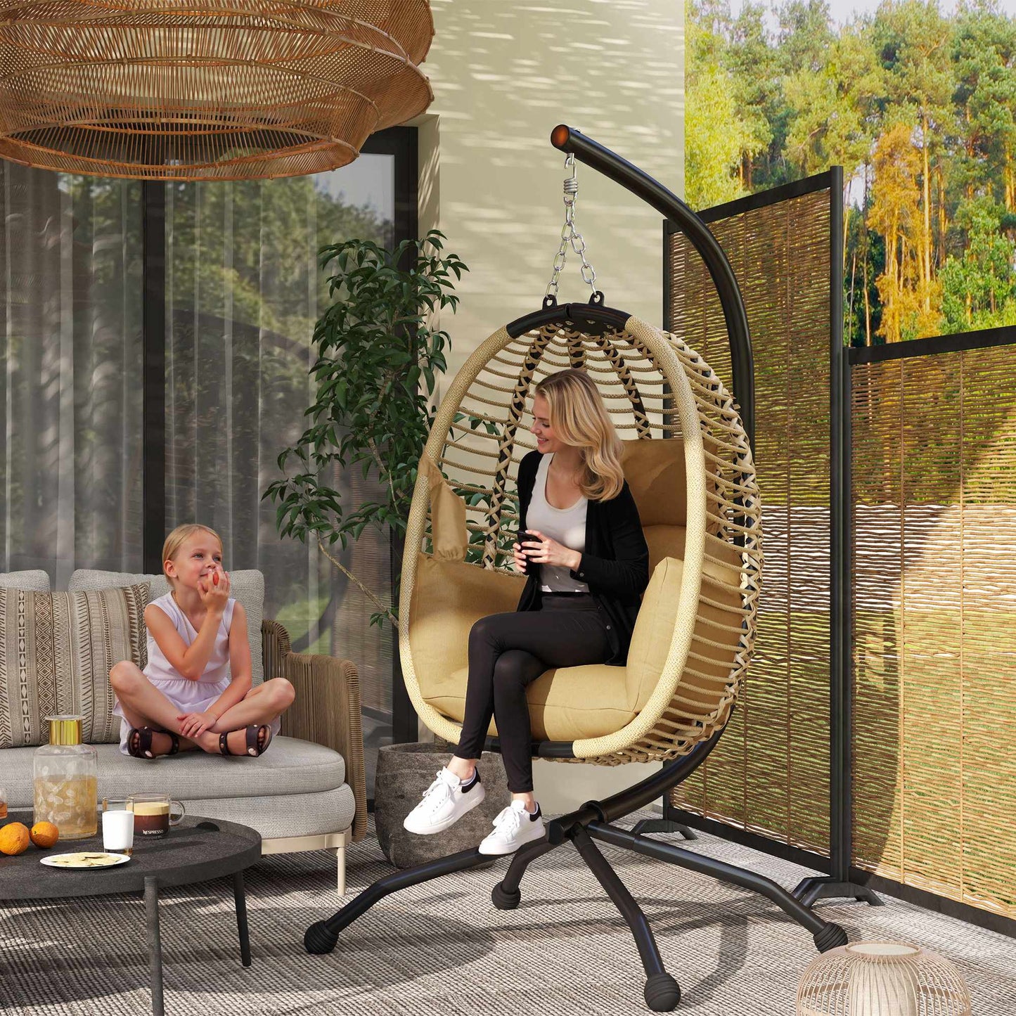 Foldable Egg-Shaped Hanging Chair with Stand, Beige