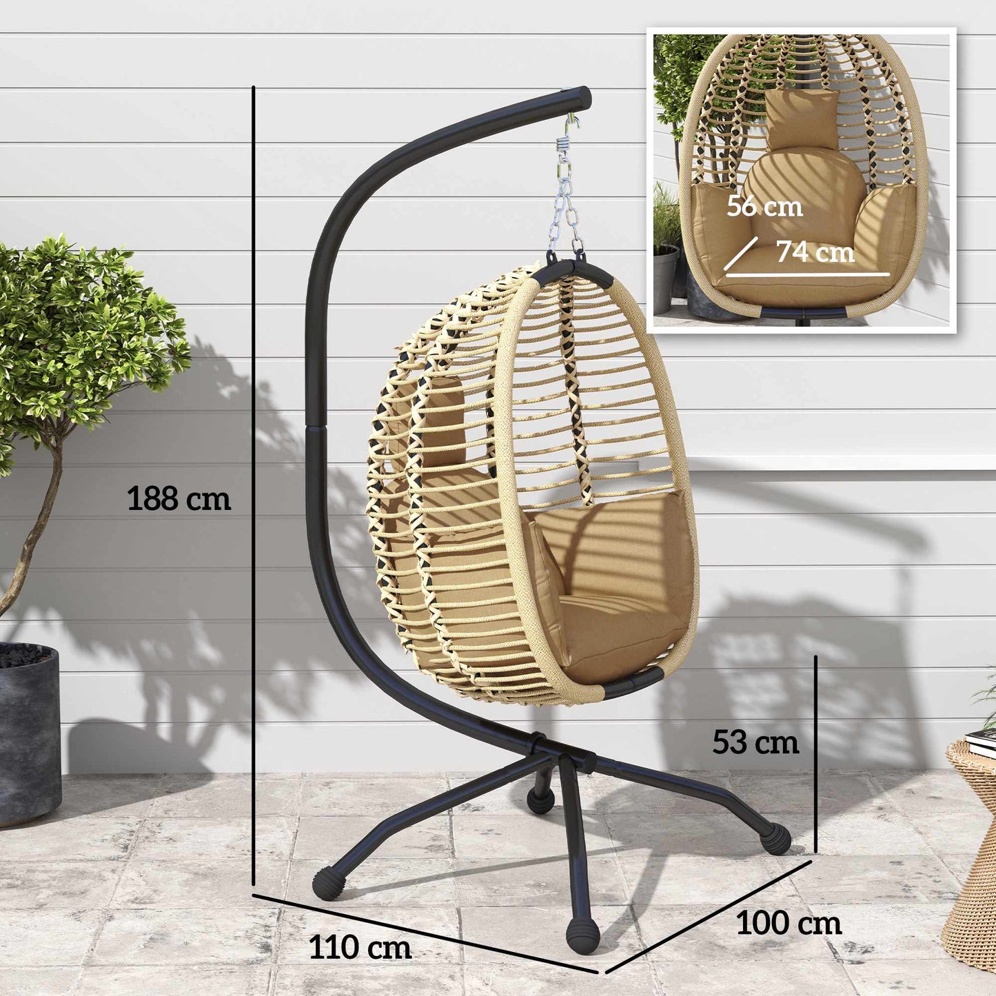 Foldable Egg-Shaped Hanging Chair with Stand, Beige