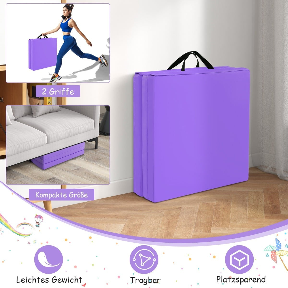 Foldable Exercise Mat, Portable with Handles, 180x60 cm
