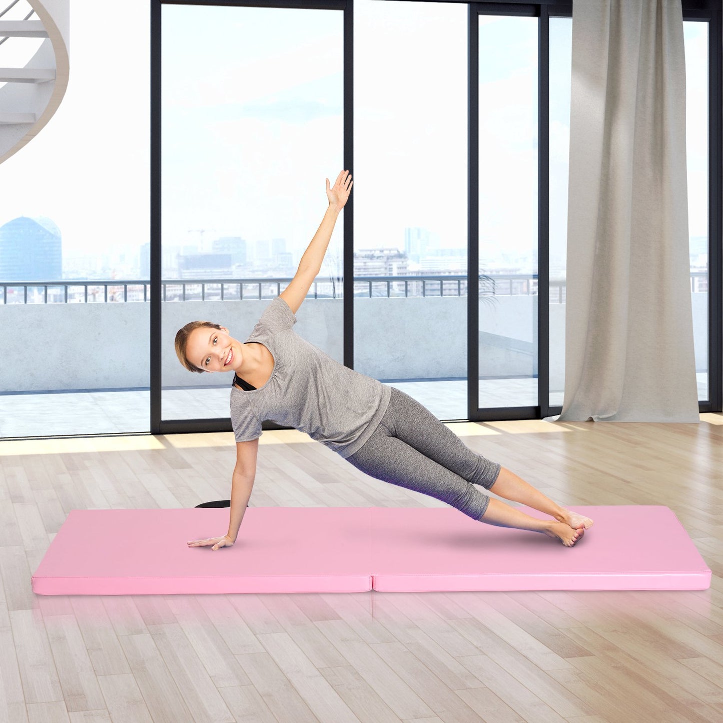 Foldable Fitness Mat with Handles, 180x60x5 cm, Pink