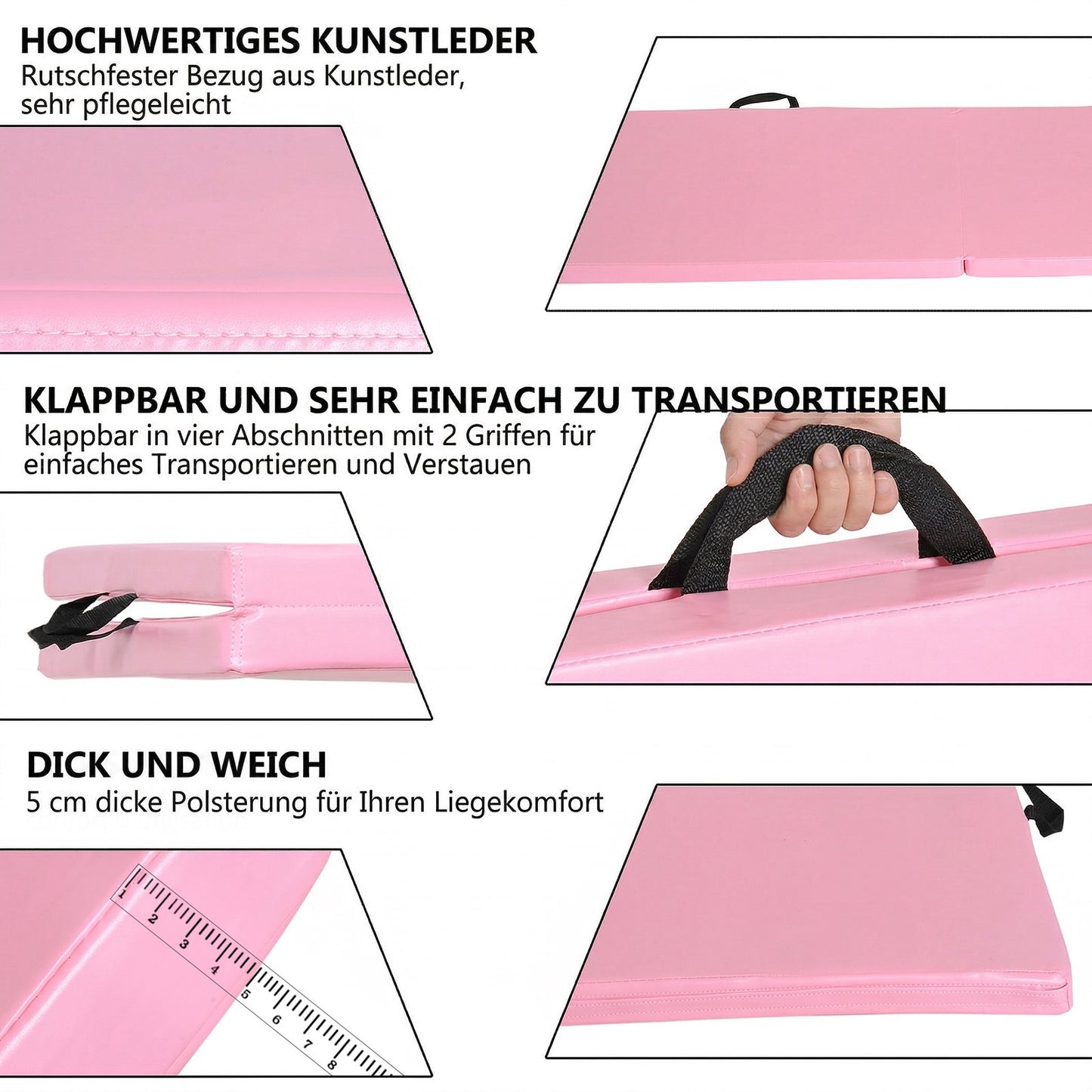 Foldable Fitness Mat with Handles, 180x60x5 cm, Pink